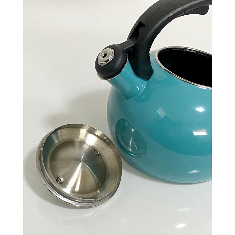 Enamel-on-Steel Whistling Tea Kettle 2.3 Quart Anti-Hot Folding Handle Turquoise - Picture 6 of 8